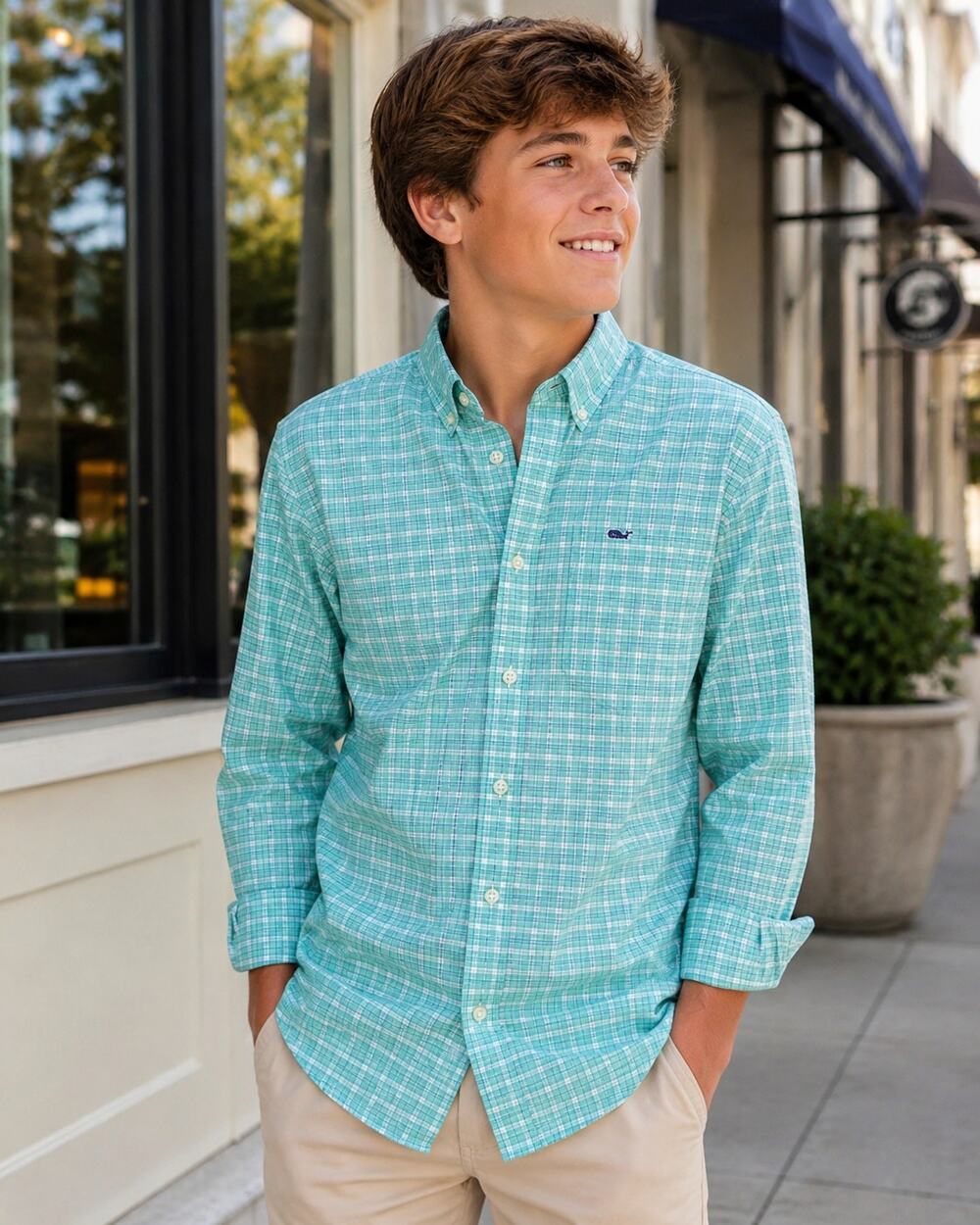 Vineyard Vines Boys M 12-14 OTG brrr Performance Green Plaid Button Down
